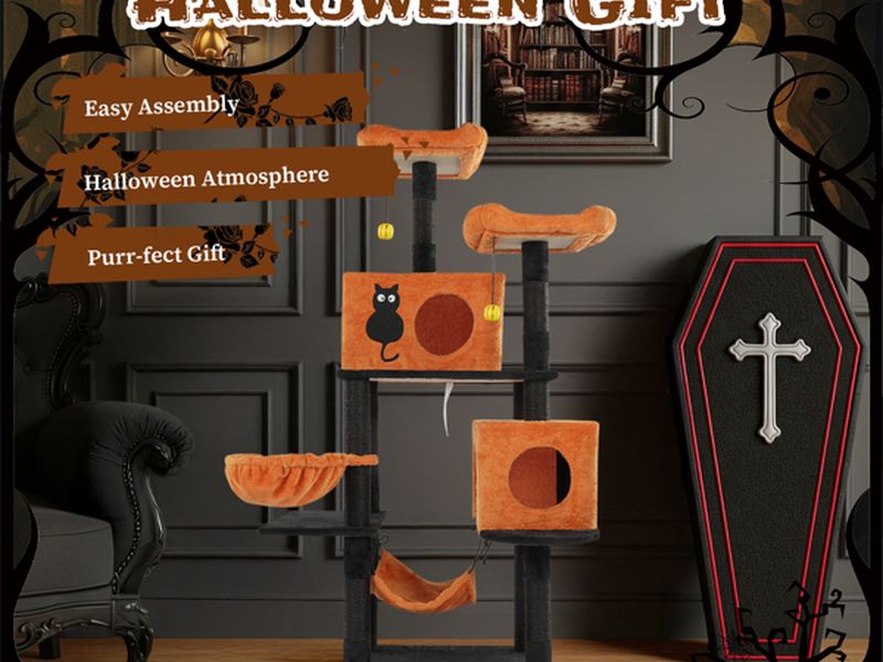 Halloween Cat Tree, Large Cat Tower with 2 Spacious Cat Condos, 2 Padded Perches, 2 Hammocks, Scratching Posts, Hanging Toy, Multi-Level Cat Activities Furniture for Large Cats, Orange & Black