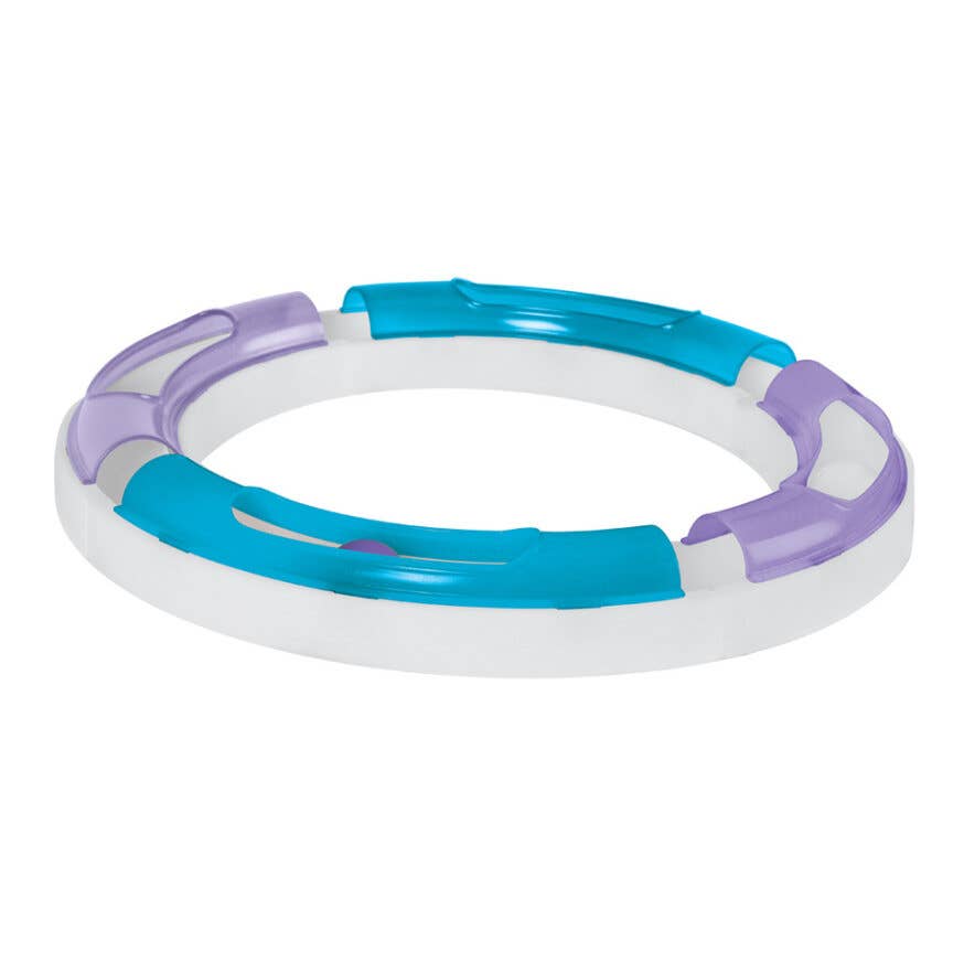 A circular toy with white, blue, and purple sections, featuring a small ball inside.