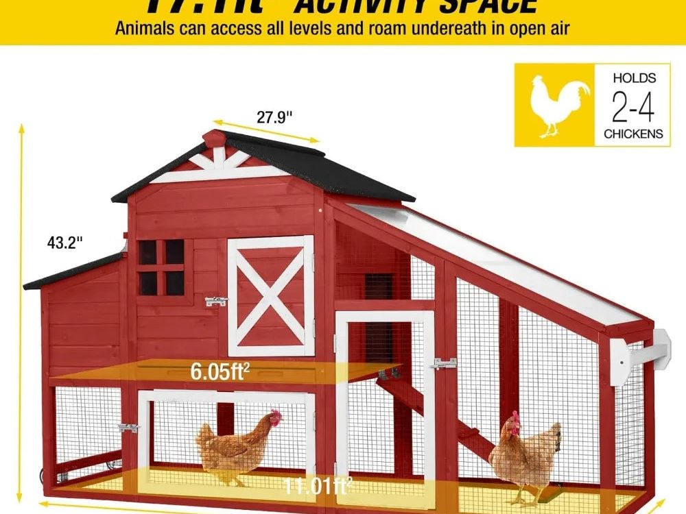 Chicken Coop Mobile Chicken House on Wheels Expandable Wooden Poultry Cage with Large Nesting Box Leakproof Pull-Out Tray Rabbi