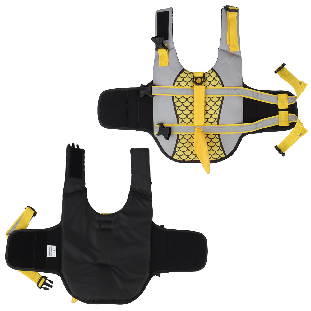 Two harnesses: one gray with yellow straps, one black. Both have adjustable buckles.
