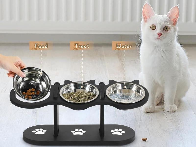 Raised Cat Food Bowls for Indoor Cats, Elevated Cat Bowls,Adjustable Heights Pet Bowl with Black Shelf,3 Stainless Steel Elevated Cat Bowls Stand with 15 ° Tilted,Cat Food and Water Bowl Setcat Food Bowl Slow Feeder Bowl
