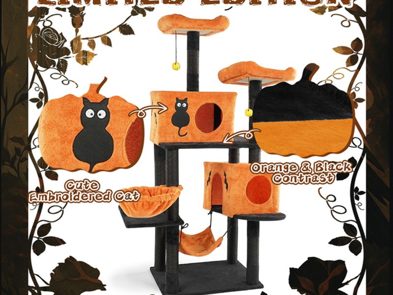 Halloween Cat Tree, Large Cat Tower with 2 Spacious Cat Condos, 2 Padded Perches, 2 Hammocks, Scratching Posts, Hanging Toy, Multi-Level Cat Activities Furniture for Large Cats, Orange & Black
