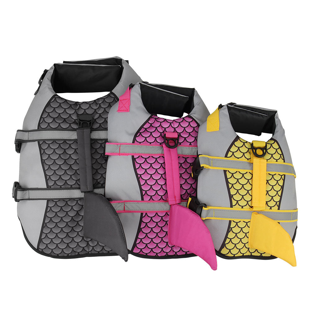 Three life jackets with fish scale patterns in gray, pink, and yellow, each with a tail fin.