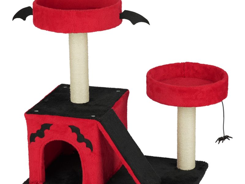 Halloween Cat Climbing Frame Gothic Cat Tree, Cat Tower with Spacious Cat Condo, 2 Padded Perches, Spider Toy, Scratching Posts, Scratching Ladder for Large Cats, Red & Black