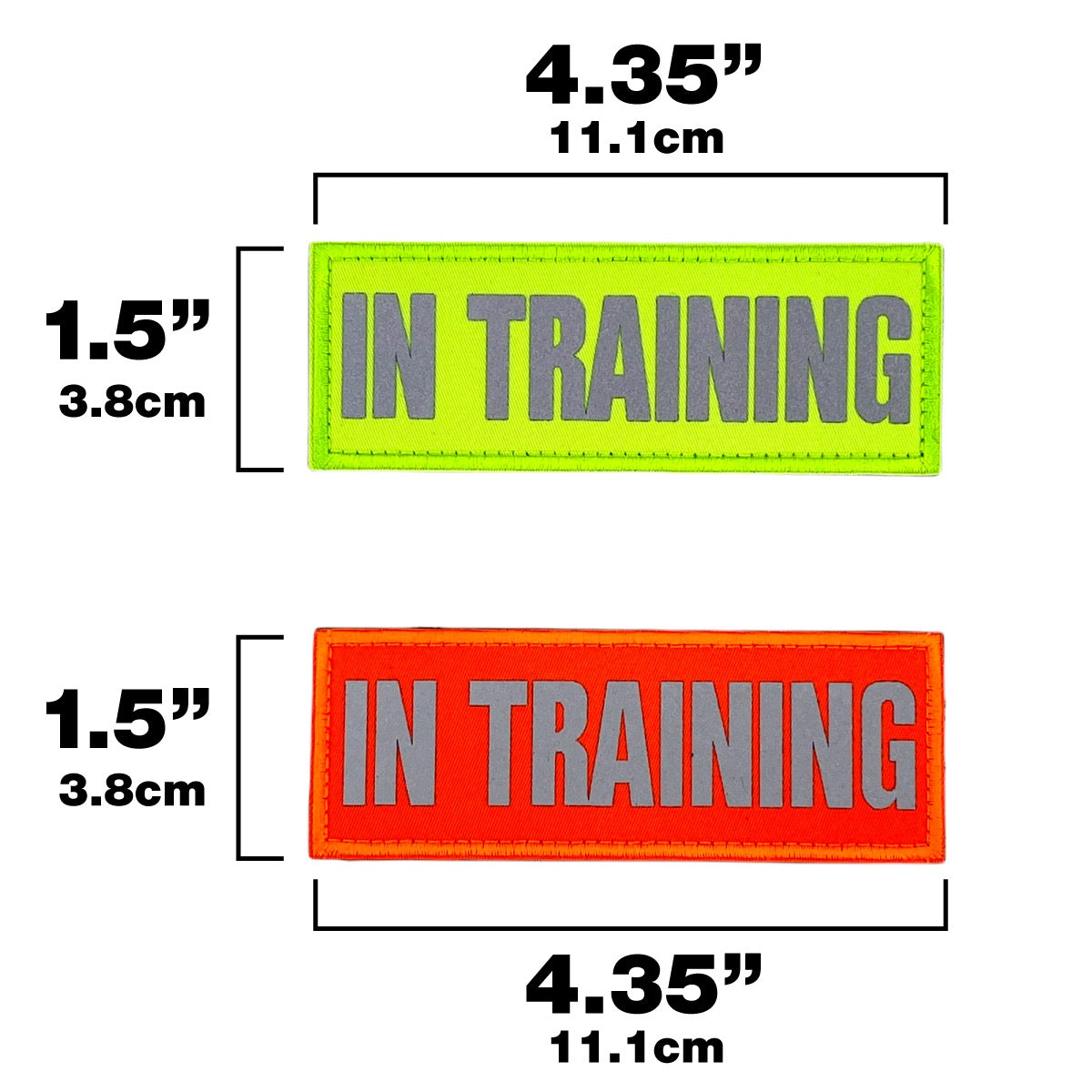 Two rectangular patches, one neon green and one orange, with "IN TRAINING" text in gray.