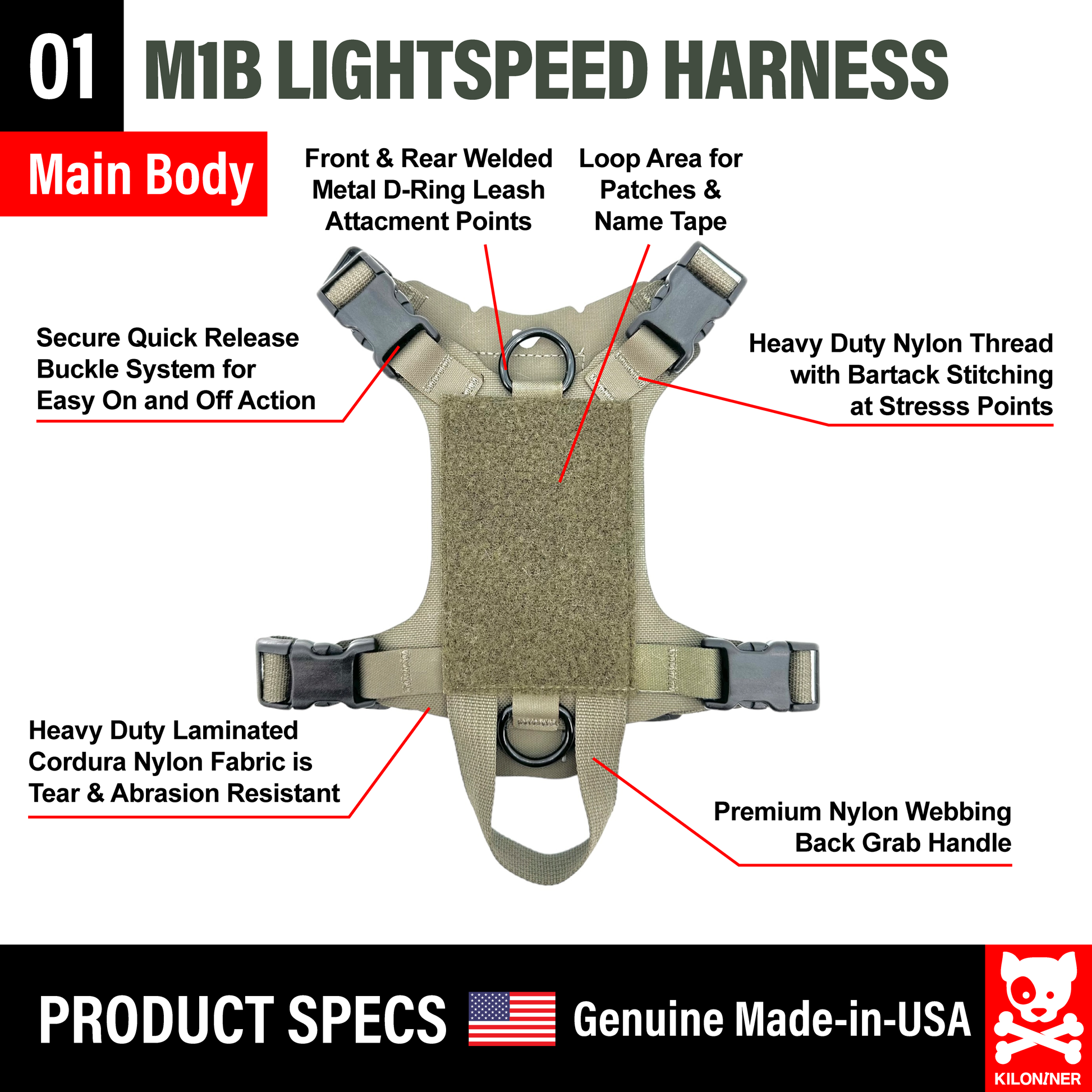 Tan tactical harness with D-rings, quick-release buckles, and loop area for patches.