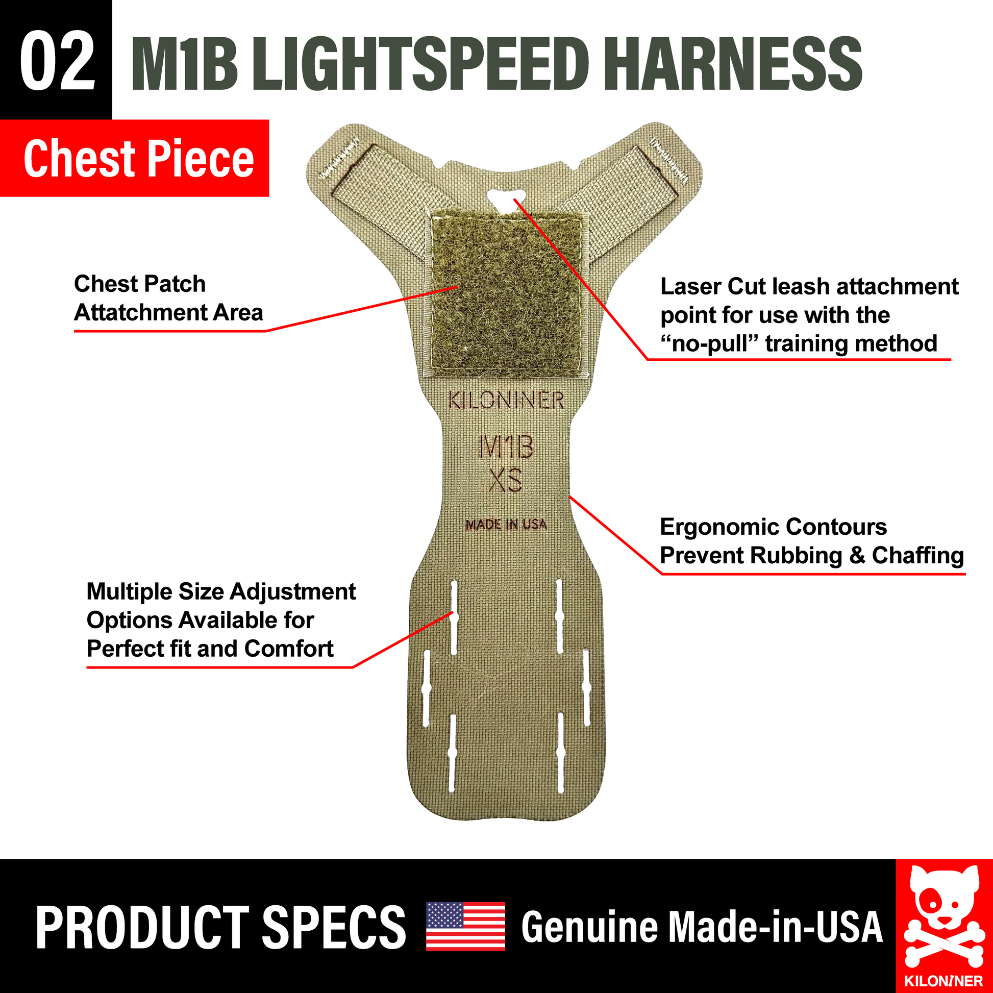 Tan harness chest piece with adjustment slots, patch area, and ergonomic contours. Made in USA.