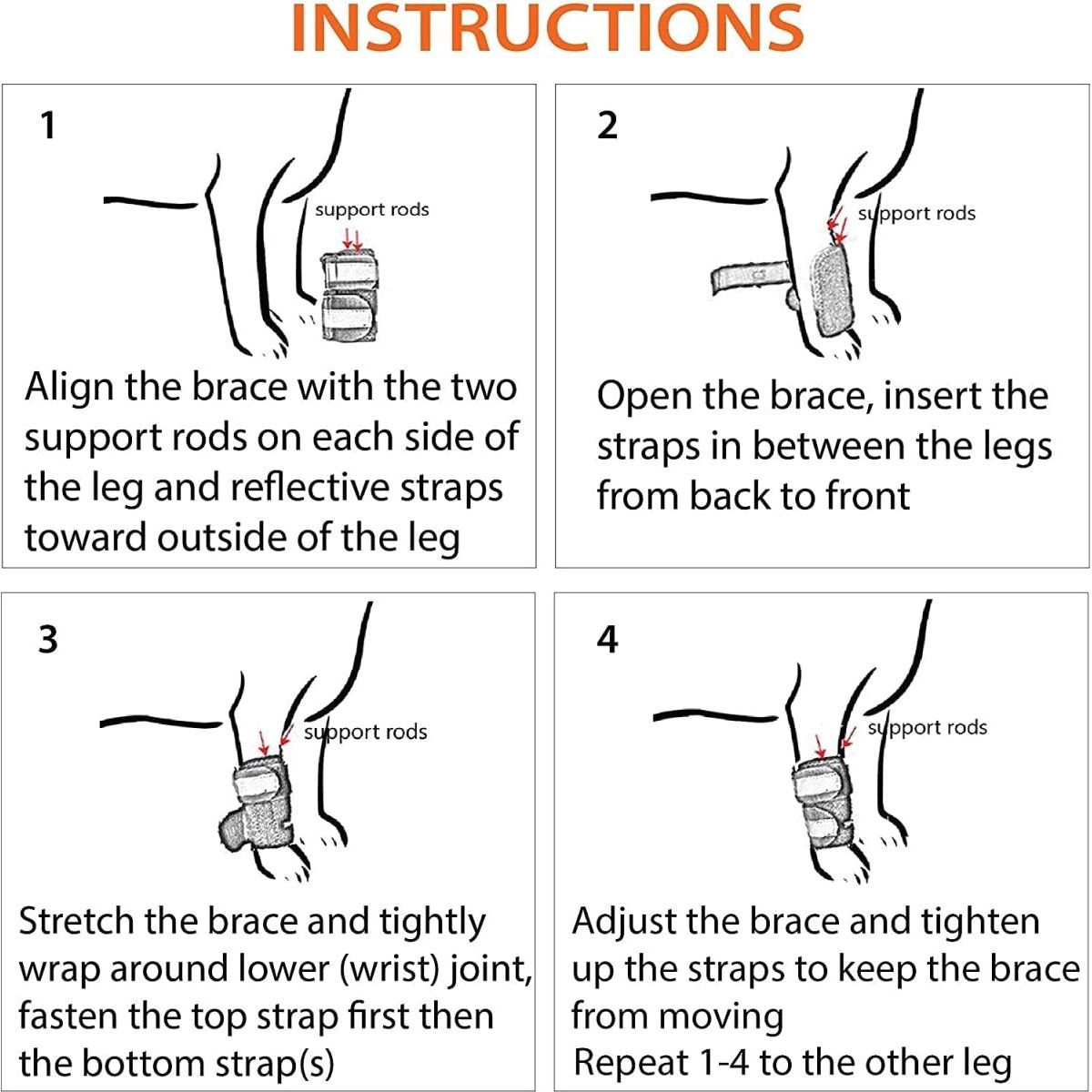 Four-step guide showing how to apply a leg brace with support rods and straps.