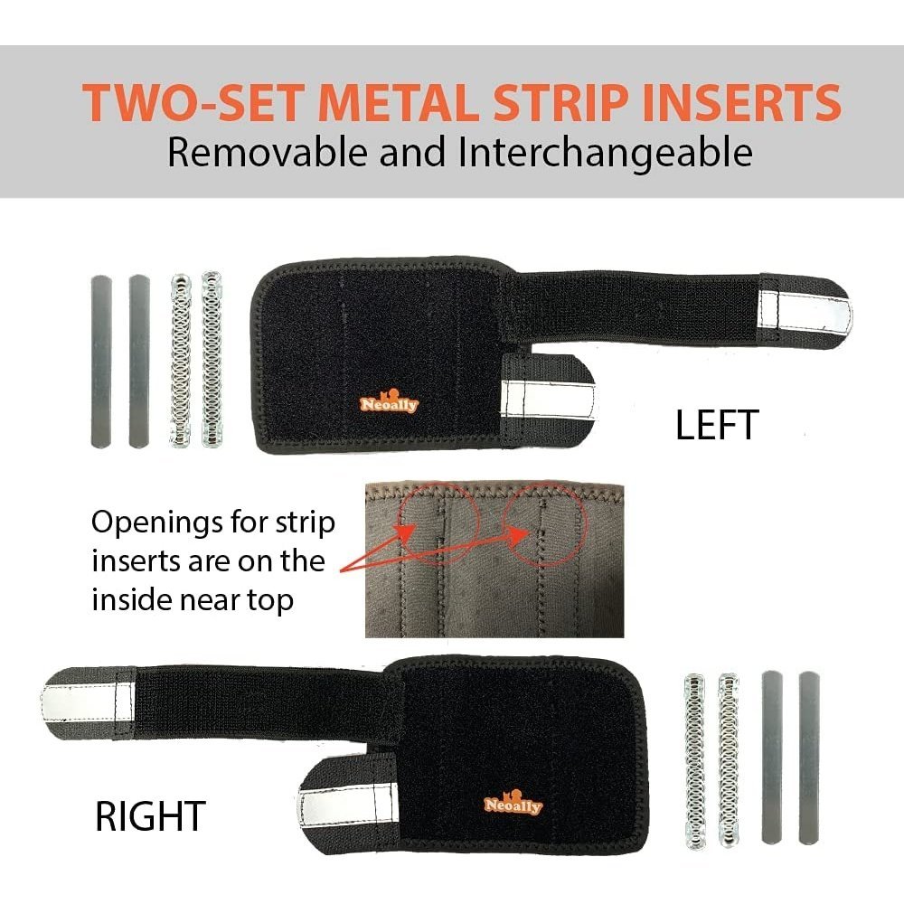 Black wrist supports with removable metal strip inserts, labeled left and right, on a white background.