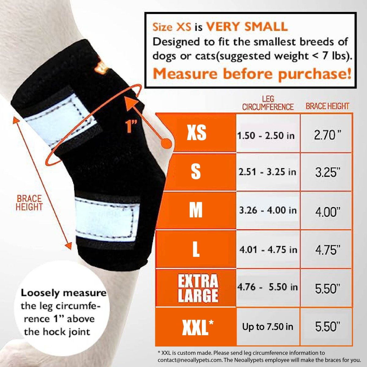 Pet leg brace size chart with black brace, white straps, and orange text. Sizes XS to XXL shown.