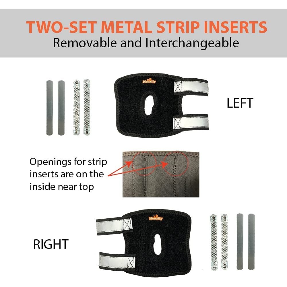 Black knee brace with removable metal strip inserts, labeled left and right, with insertion openings.