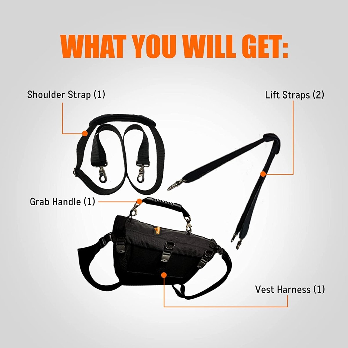 Black shoulder strap, lift straps, grab handle, and vest harness on a gray background.