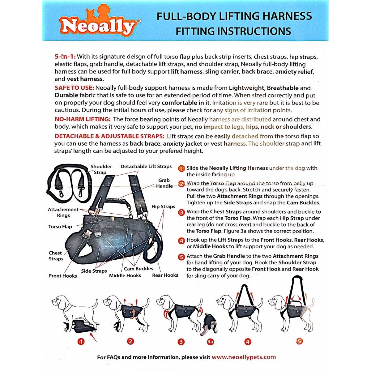 Illustrated guide for fitting a full-body dog harness with labeled parts and step-by-step instructions.