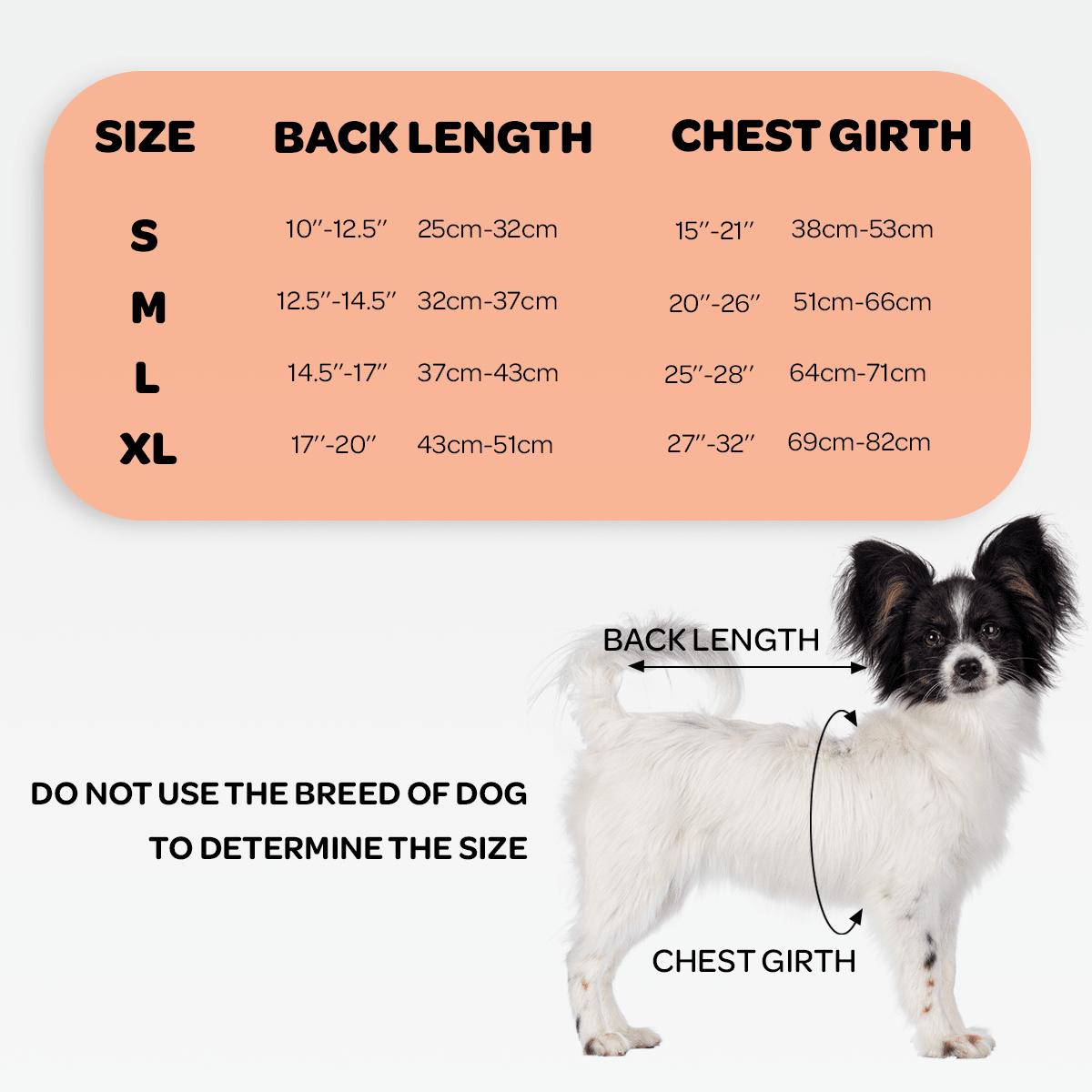 Size chart for dog clothing with measurements and a dog showing back length and chest girth.