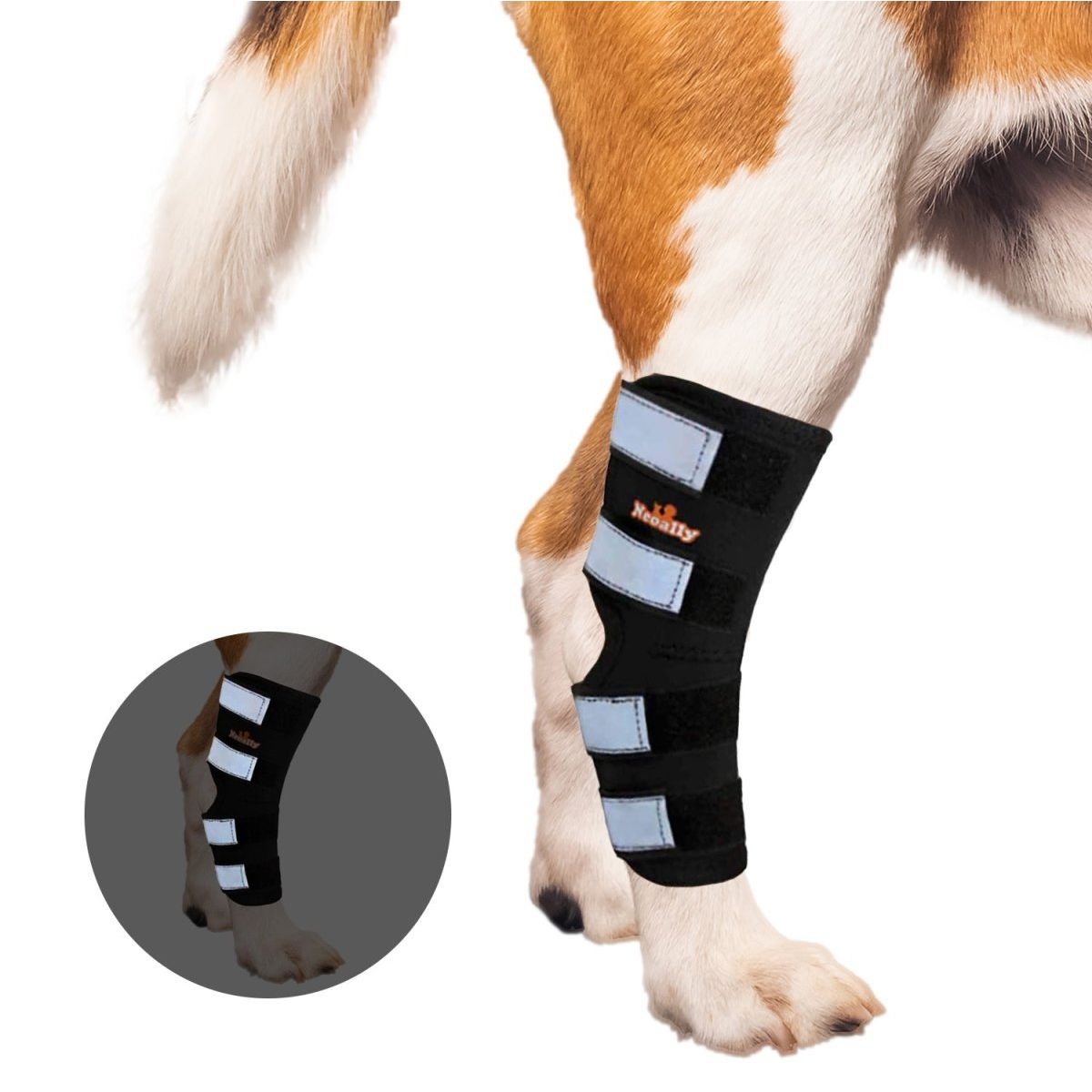 Dog leg with a black brace featuring reflective silver straps and an orange logo.