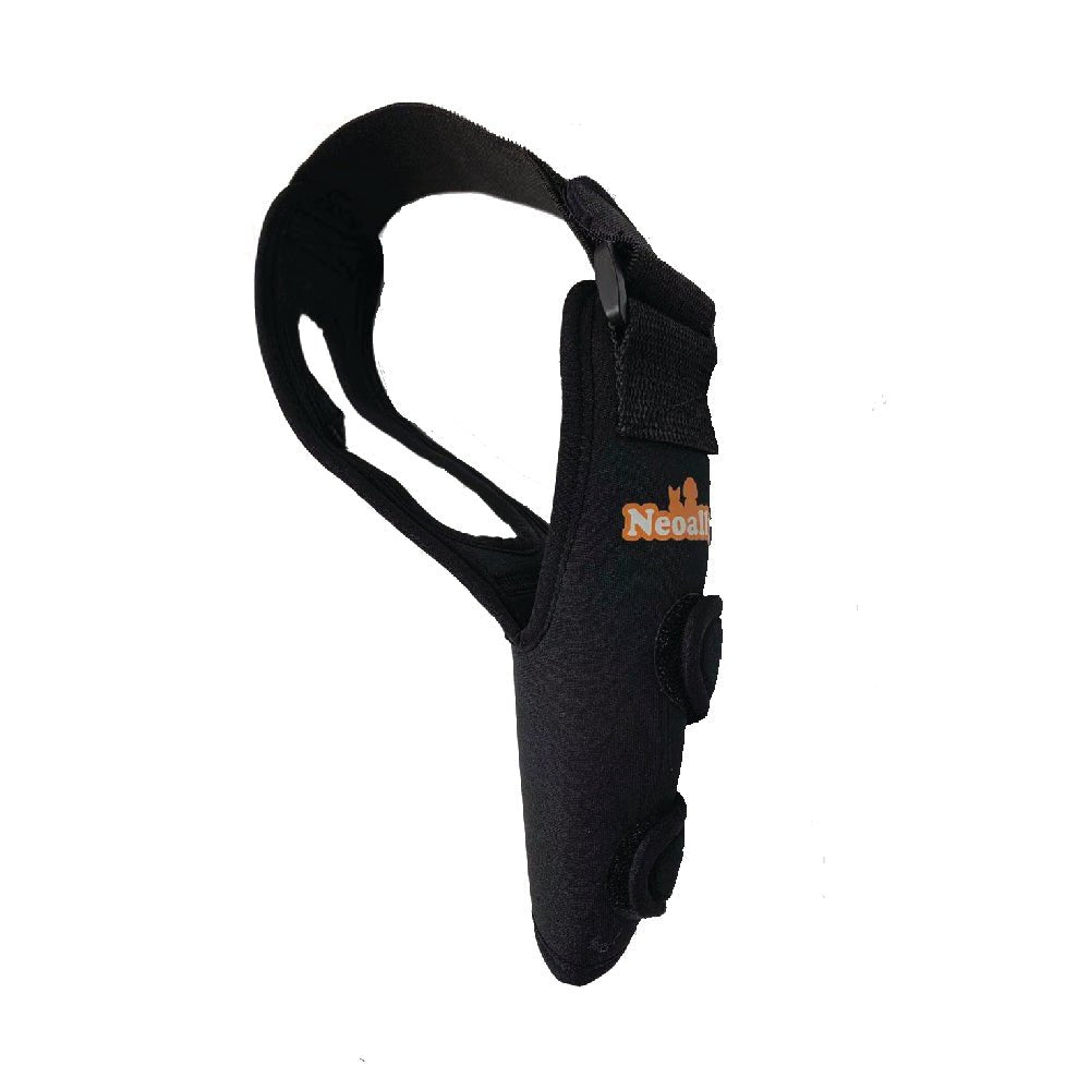 Black fabric shoulder brace with adjustable straps and orange logo on a white background.