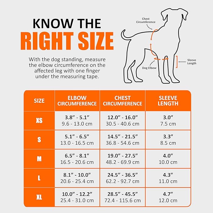 Dog size chart with measurements for elbow, chest, and sleeve length in orange and gray.