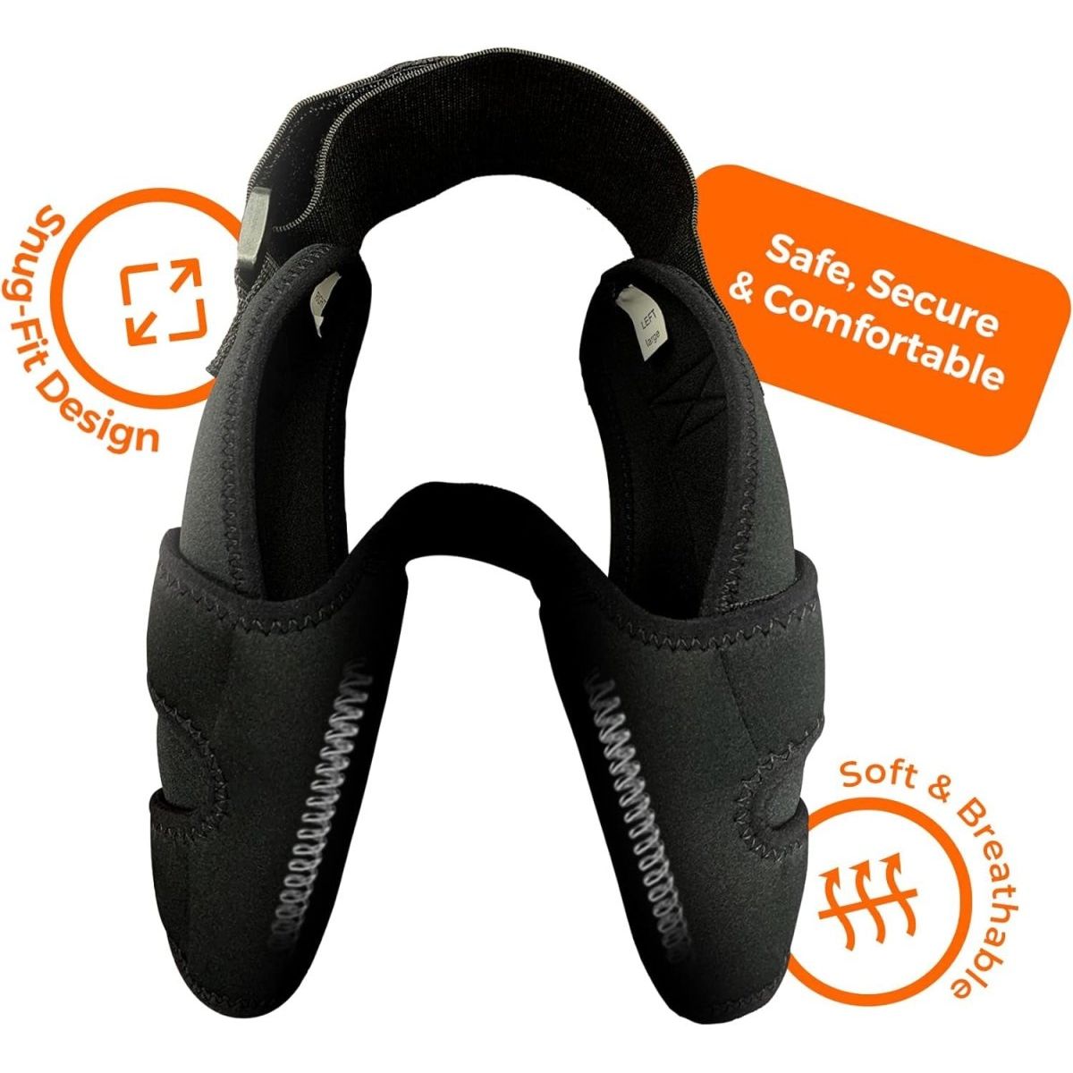 Black padded neck brace with orange labels stating "Snug-Fit Design" and "Safe, Secure & Comfortable."