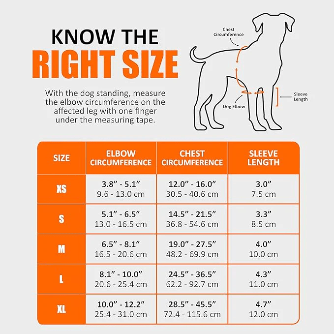Dog sizing chart with measurements for elbow, chest, and sleeve in inches and centimeters.