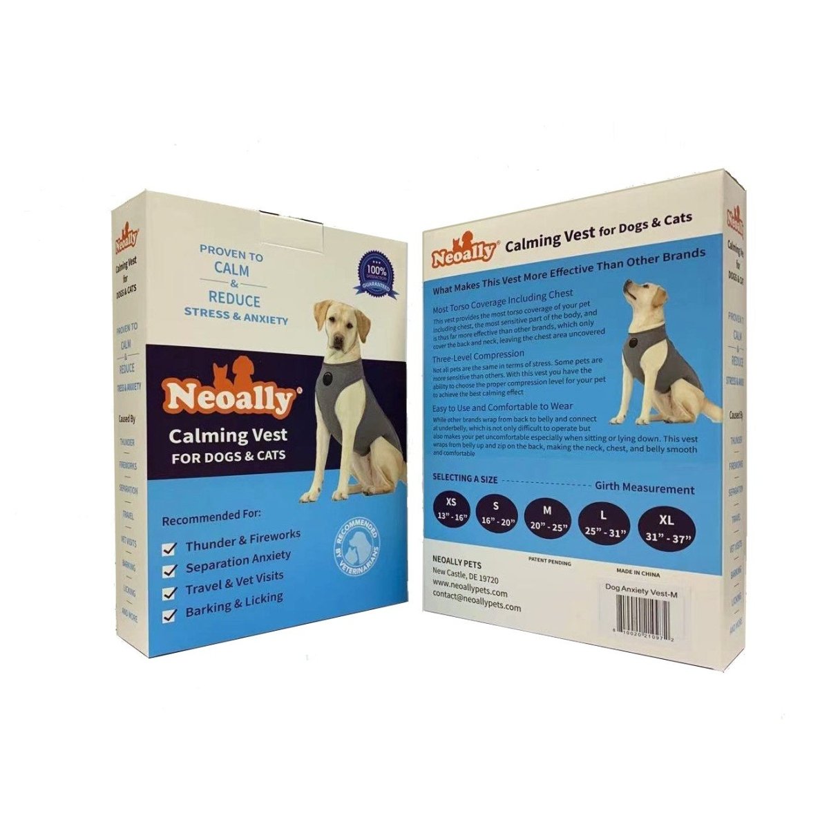 Packaging of Neoally Calming Vest for pets, featuring a dog image and product details in blue.