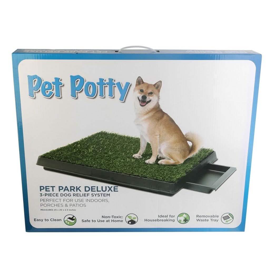 Dog sitting on a green grass mat in a box labeled "Pet Potty" with blue and white design.