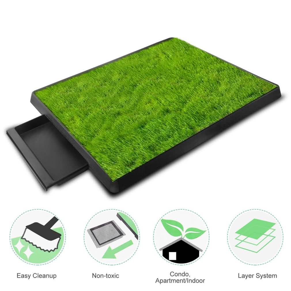 Green grass mat with black tray, icons below show easy cleanup, non-toxic, indoor use, layer system.
