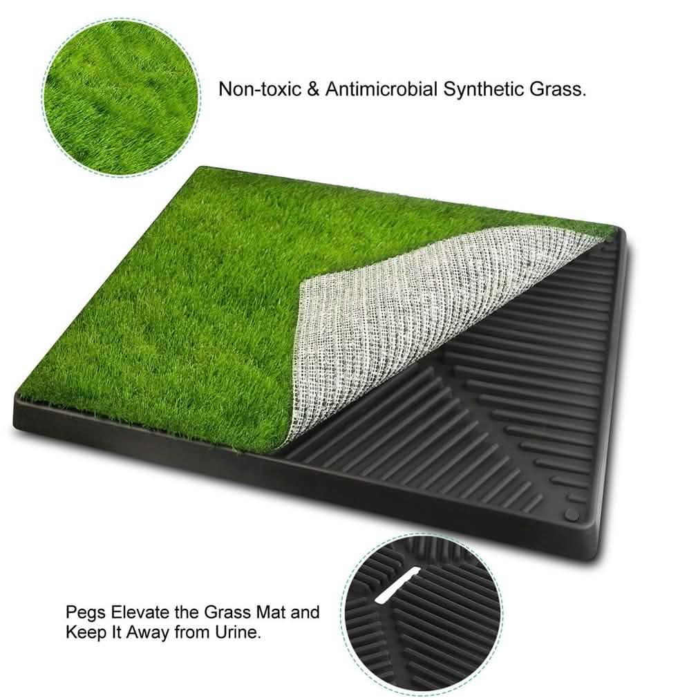 Synthetic grass mat with a black base, showing non-toxic, antimicrobial features and drainage pegs.