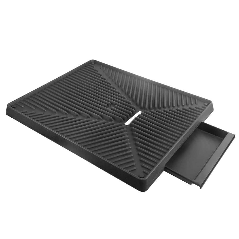 Black, square, ridged mat with a removable tray underneath, featuring diagonal grooves.