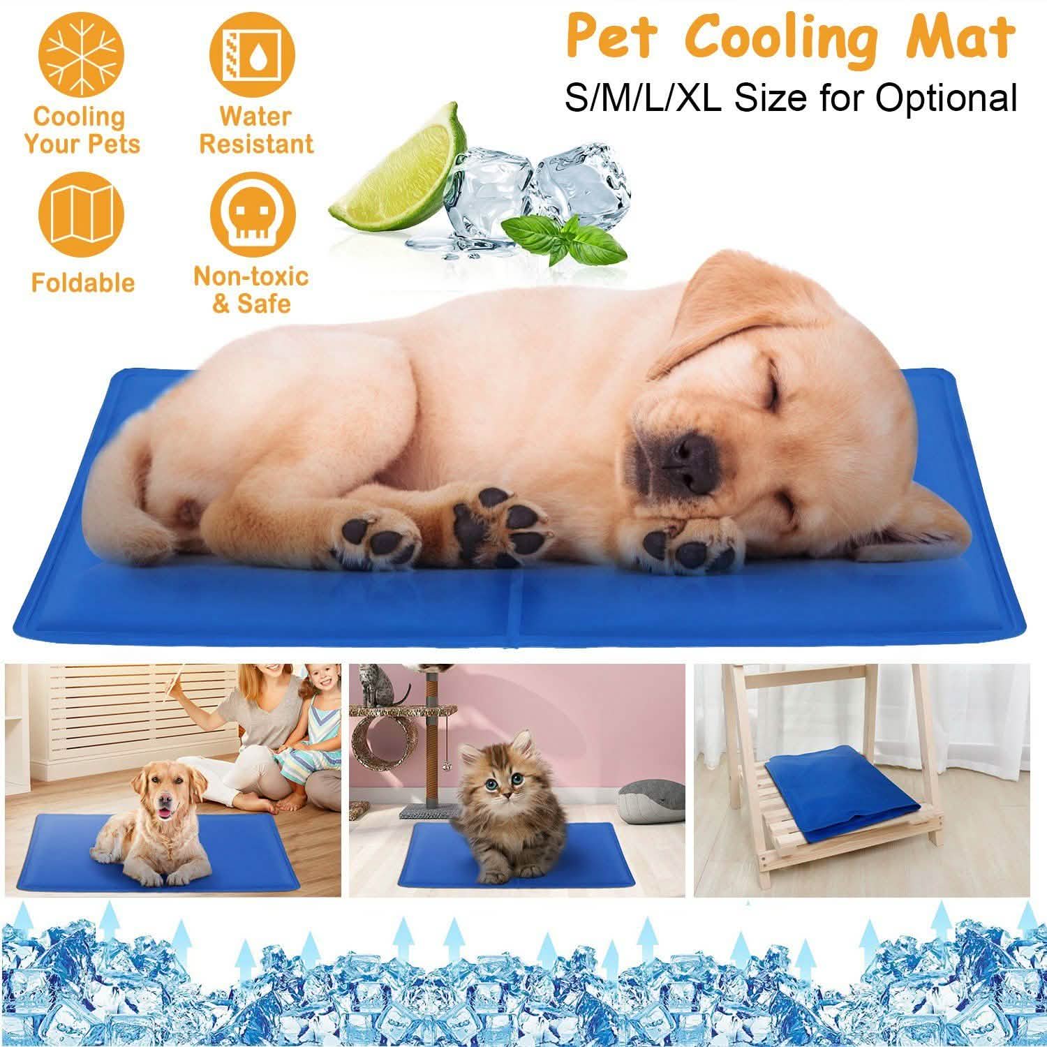 Puppy sleeping on a blue cooling mat; icons show it's foldable, water-resistant, and non-toxic.
