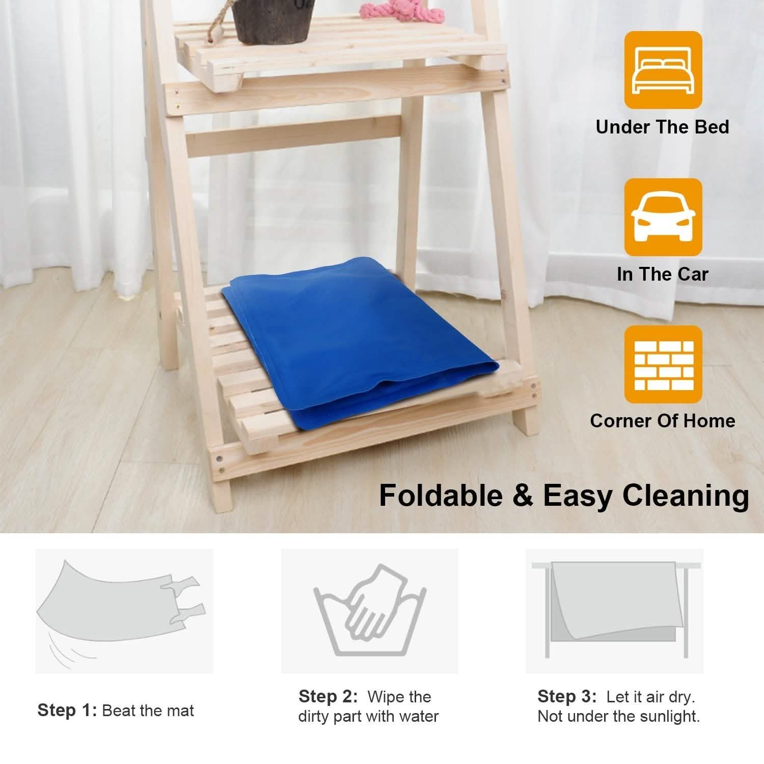 Blue mat on wooden shelf, cleaning steps below, and storage icons on the right.