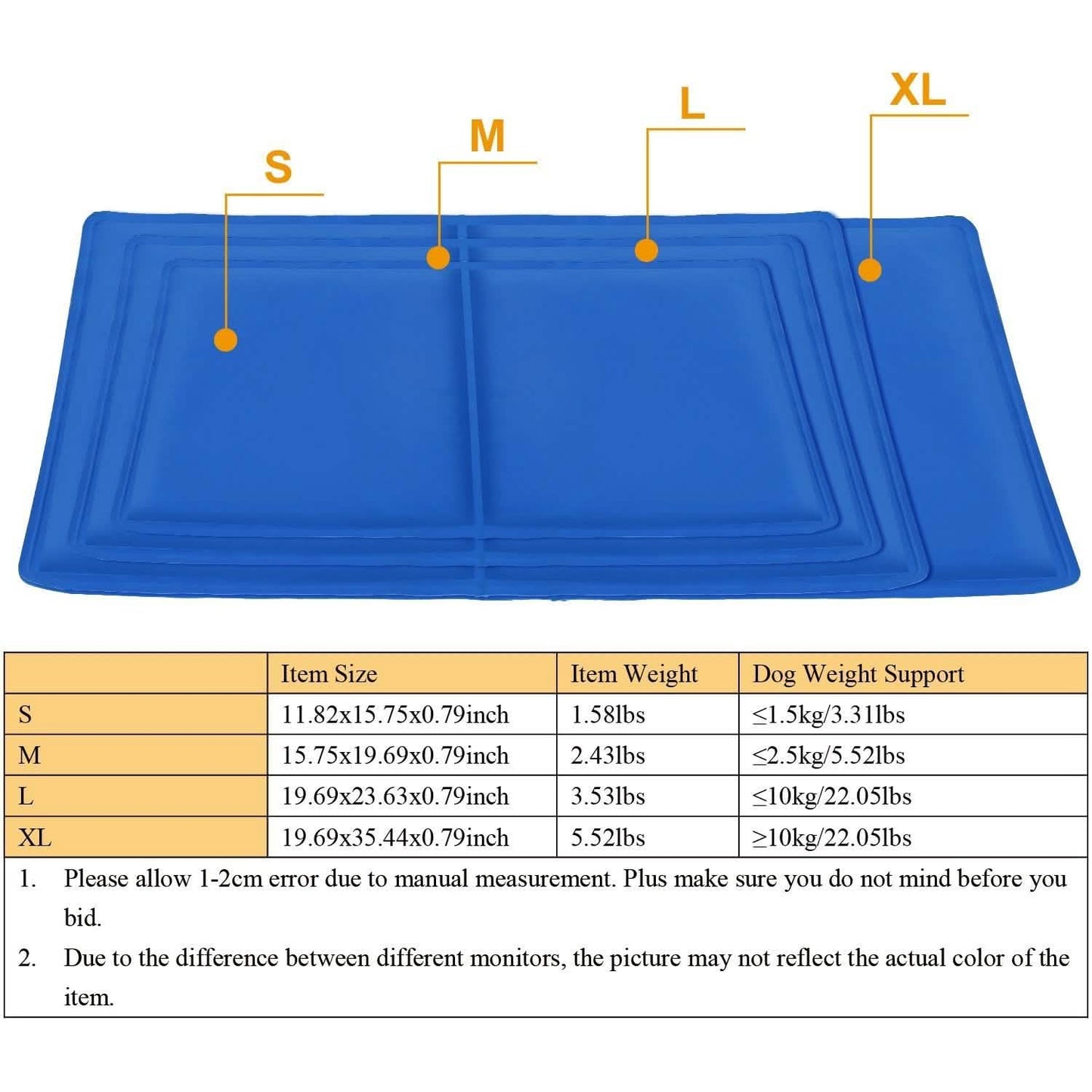 Blue pet cooling mat with size labels S, M, L, XL; size chart and weight support details below.