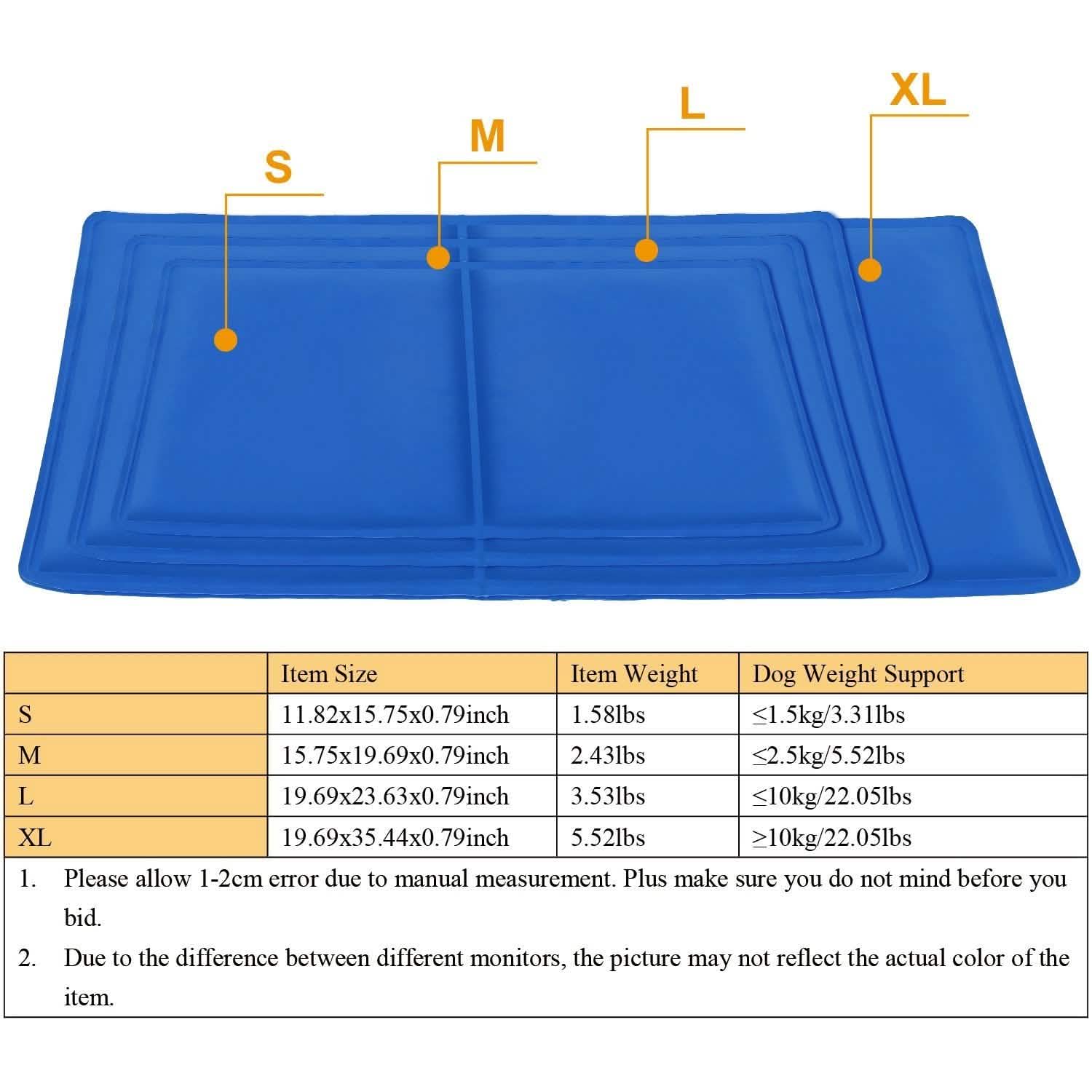Blue pet cooling mat with size labels S, M, L, XL; size chart and weight support details below.