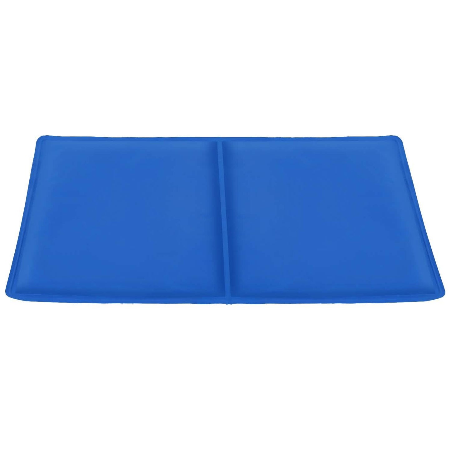 Blue rectangular mat with a central seam, smooth texture, and slightly raised edges.