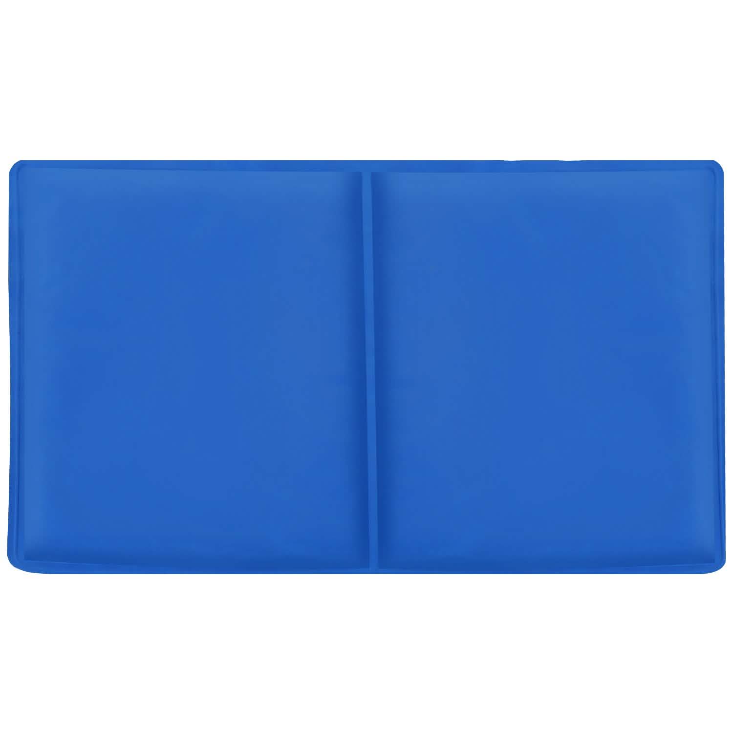 Blue rectangular object with a central vertical seam, smooth texture.