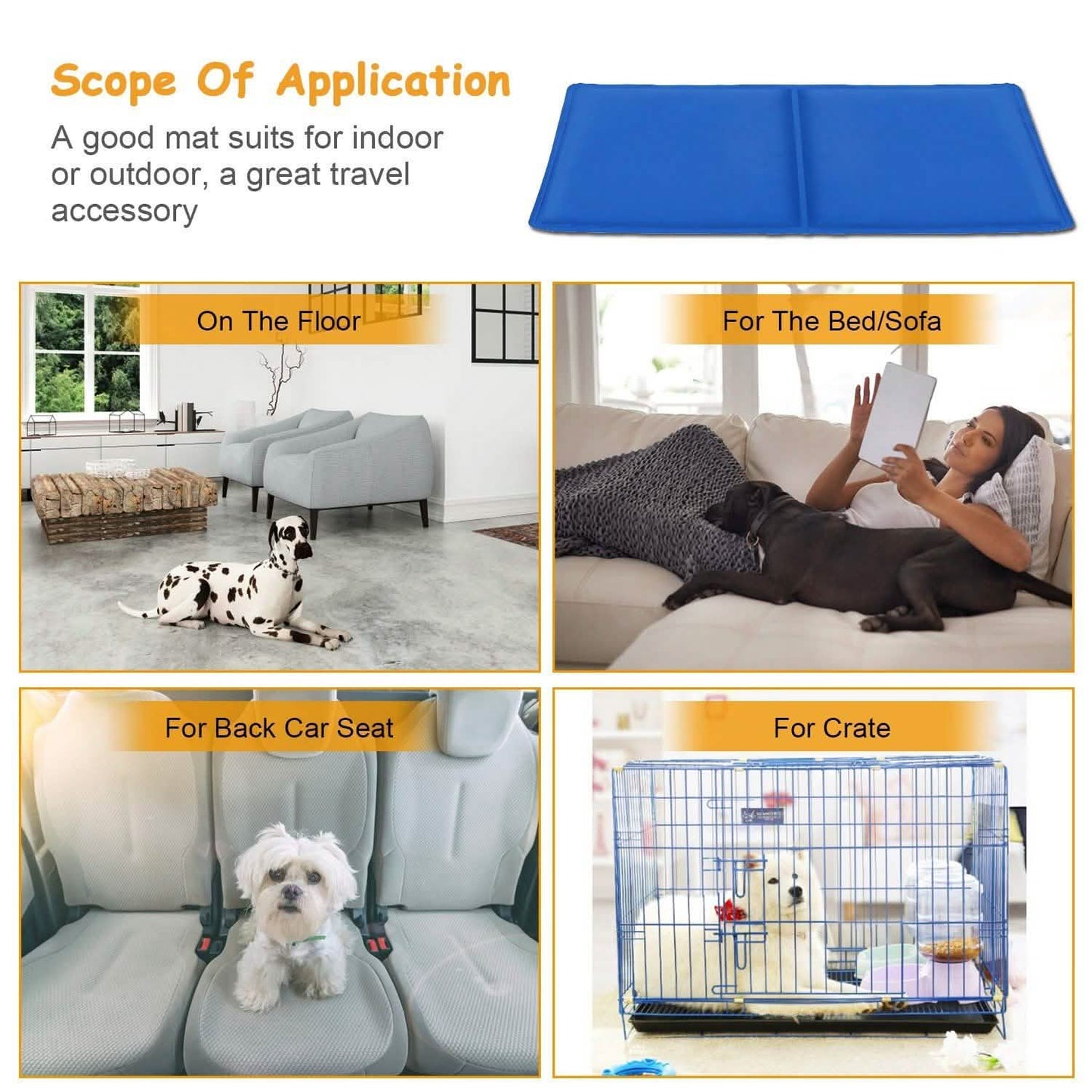Blue mat for pets shown in various settings: floor, bed, car seat, and crate.