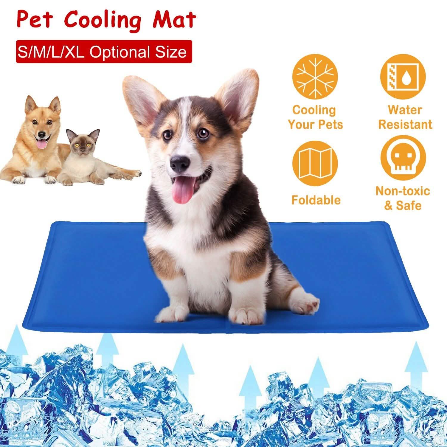 Corgi on a blue cooling mat with ice graphics, pet icons, and text about features.