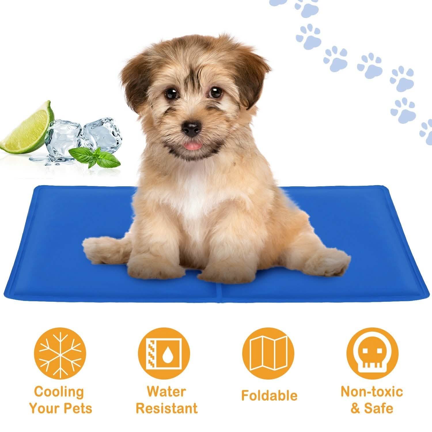 Fluffy puppy on a blue cooling mat with icons for cooling, water resistance, foldability, safety.