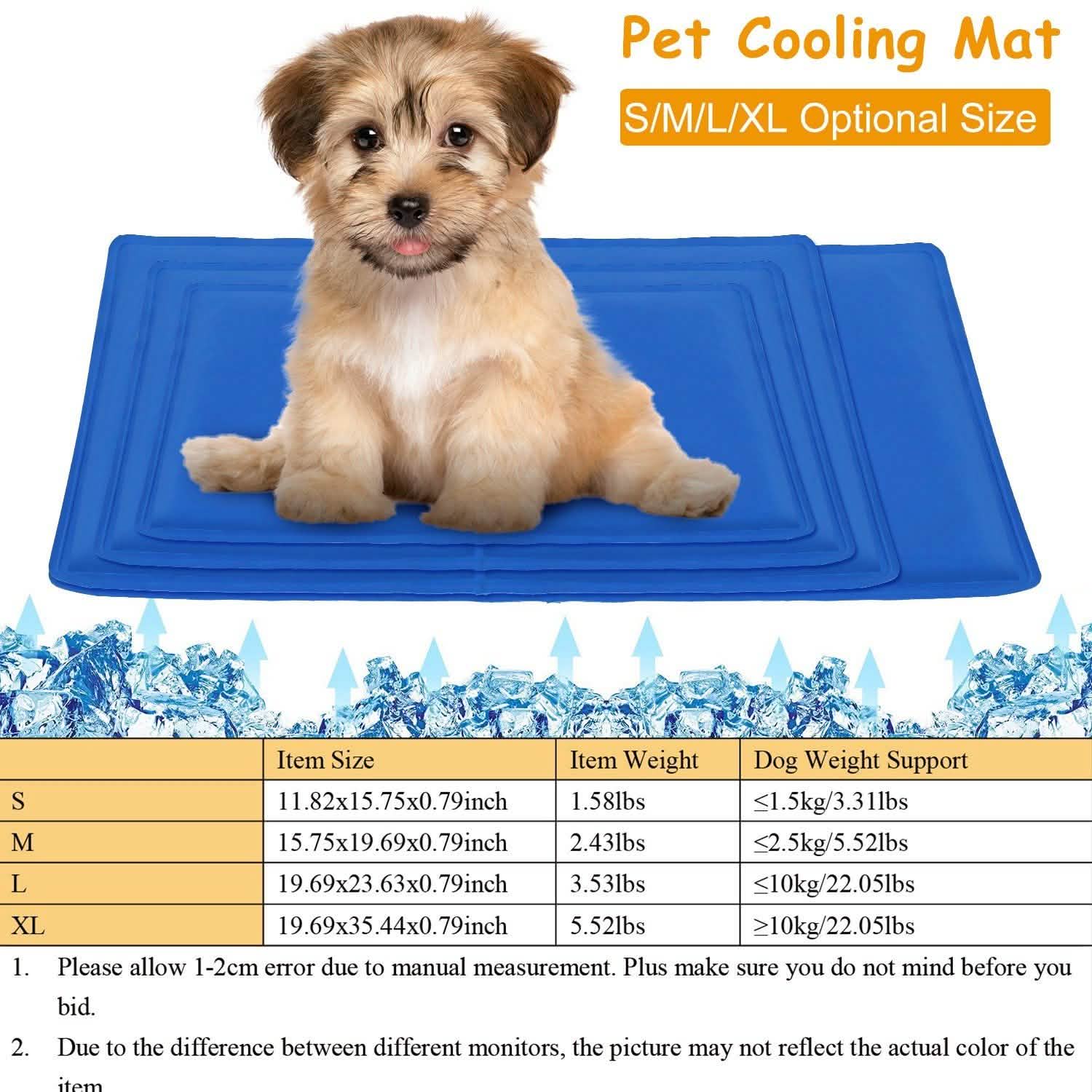 Cute puppy on a blue cooling mat with size chart and ice graphics below.