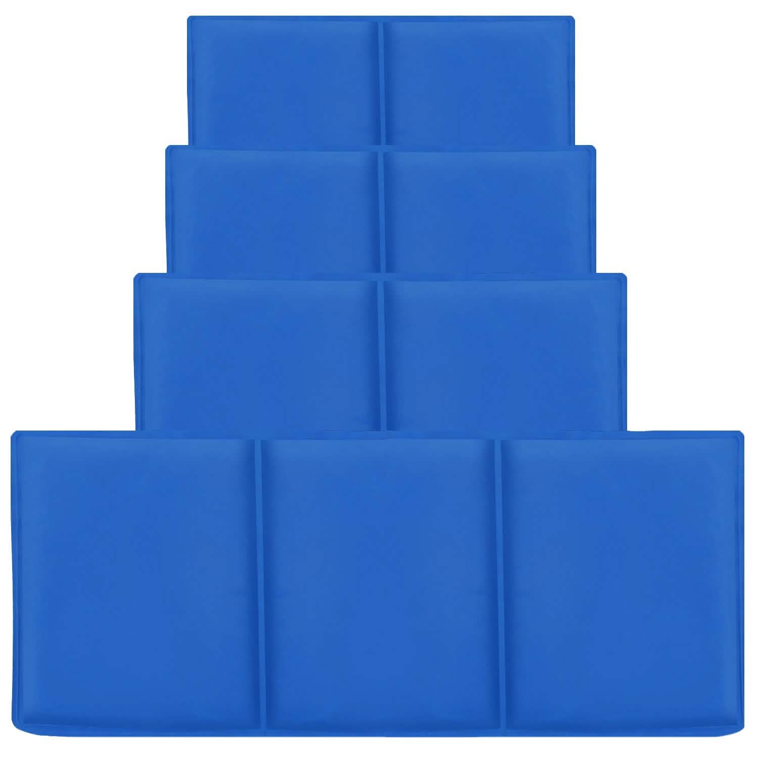 Blue, tiered rectangular cushions stacked in a pyramid shape, each tier with two cushions.