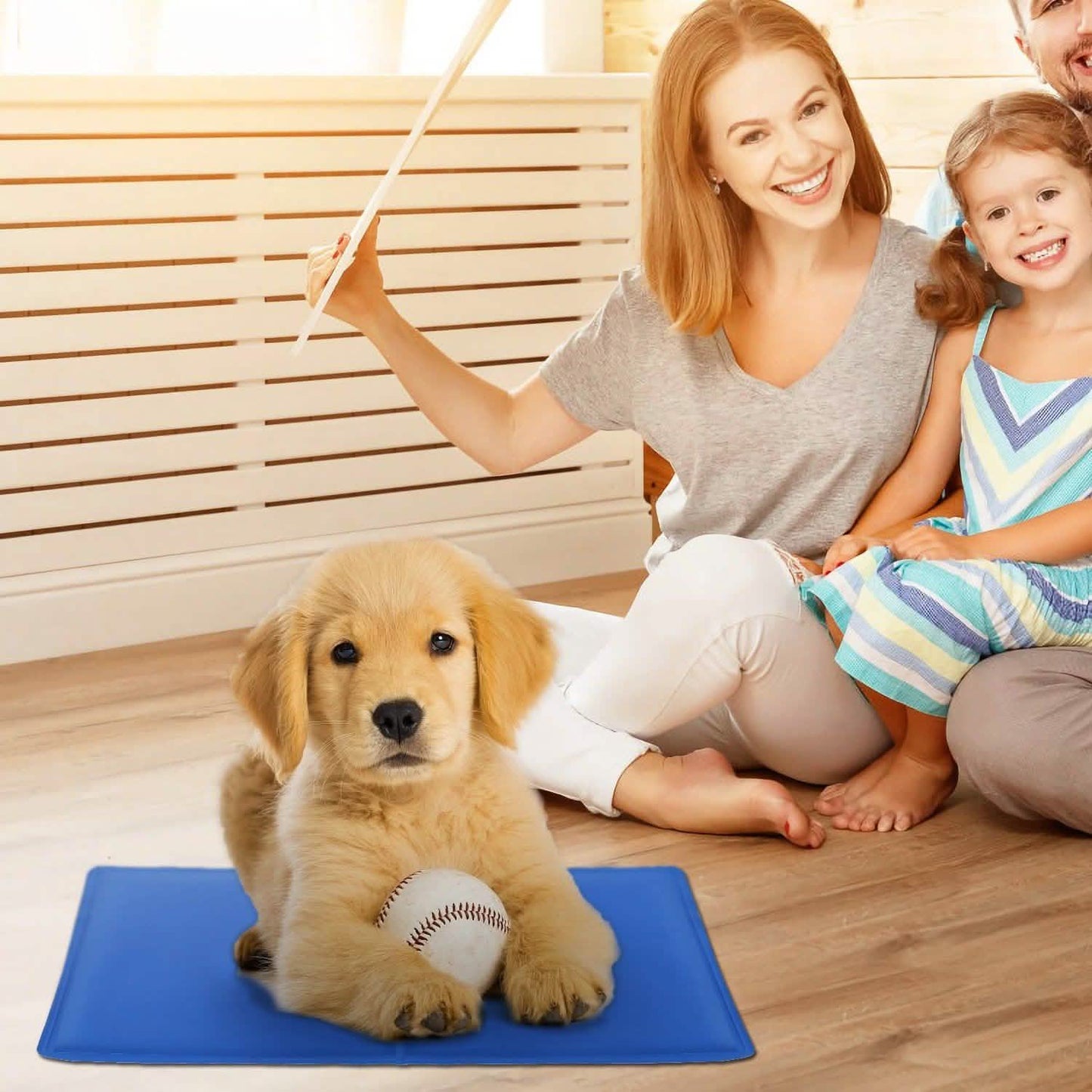 A golden puppy with a ball on a blue mat, with a smiling woman and child in the background.