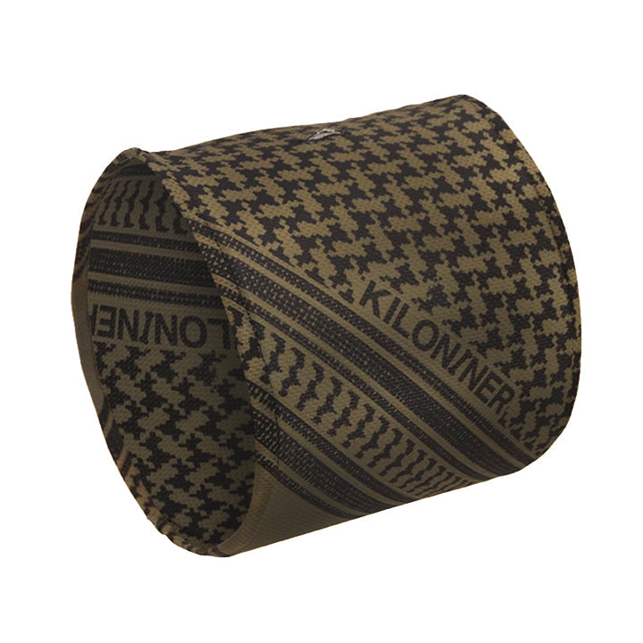 Brown and black houndstooth patterned fabric loop with "KILONINER" text.
